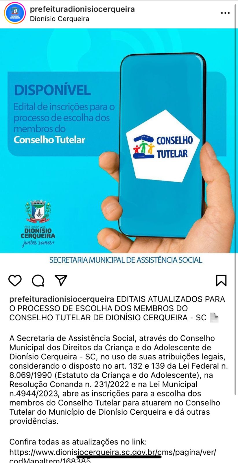 Post Instagram/ @prefeituradionisiocerqueira